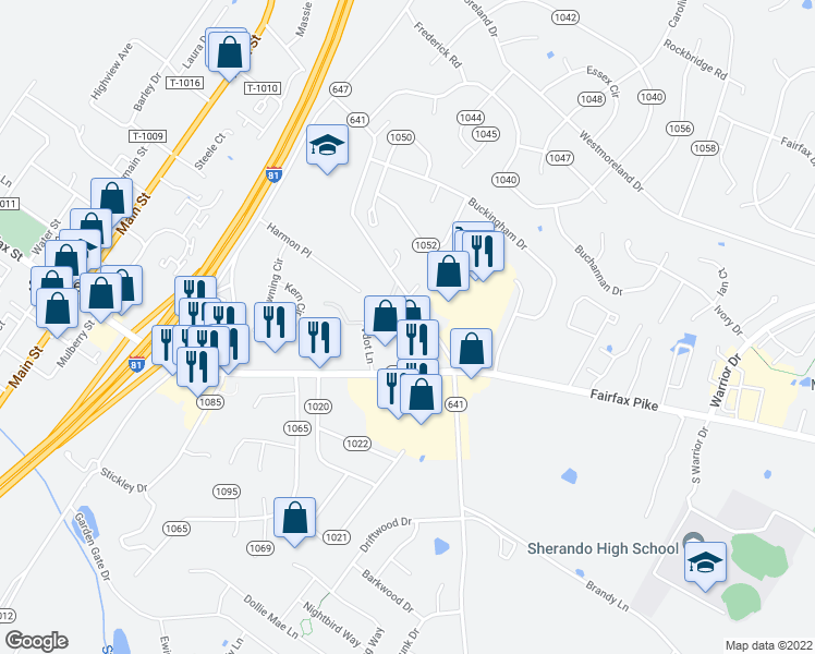 map of restaurants, bars, coffee shops, grocery stores, and more near 206 Freeton Court in Stephens City