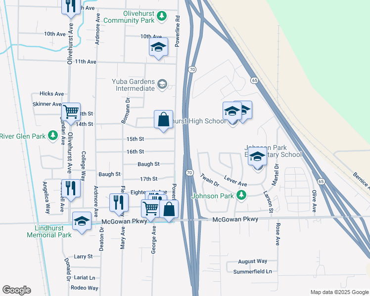 map of restaurants, bars, coffee shops, grocery stores, and more near California 70 in Olivehurst