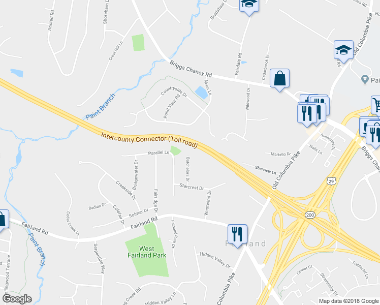 map of restaurants, bars, coffee shops, grocery stores, and more near 13721 Batchelors Drive in Silver Spring