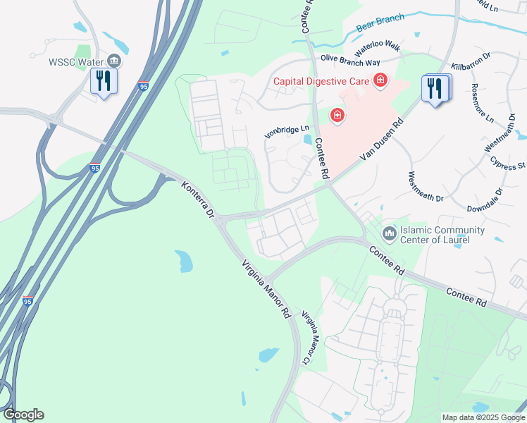 map of restaurants, bars, coffee shops, grocery stores, and more near 6944 Van Dusen Road in Laurel