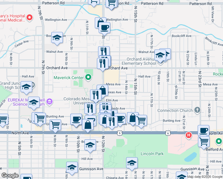 map of restaurants, bars, coffee shops, grocery stores, and more near 1305 Mesa Avenue in Grand Junction