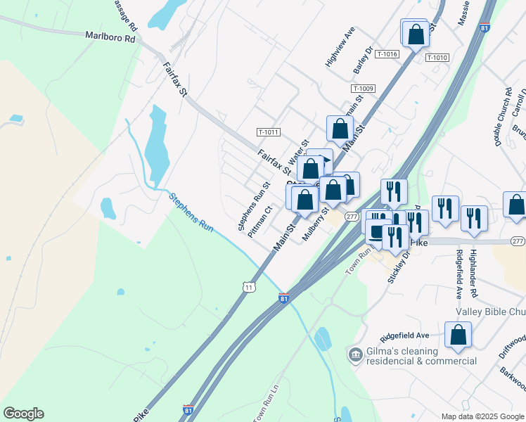 map of restaurants, bars, coffee shops, grocery stores, and more near 141 Pittman Court in Stephens City