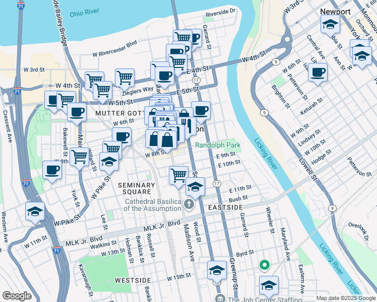 map of restaurants, bars, coffee shops, grocery stores, and more near 111 East 8th Street in Covington