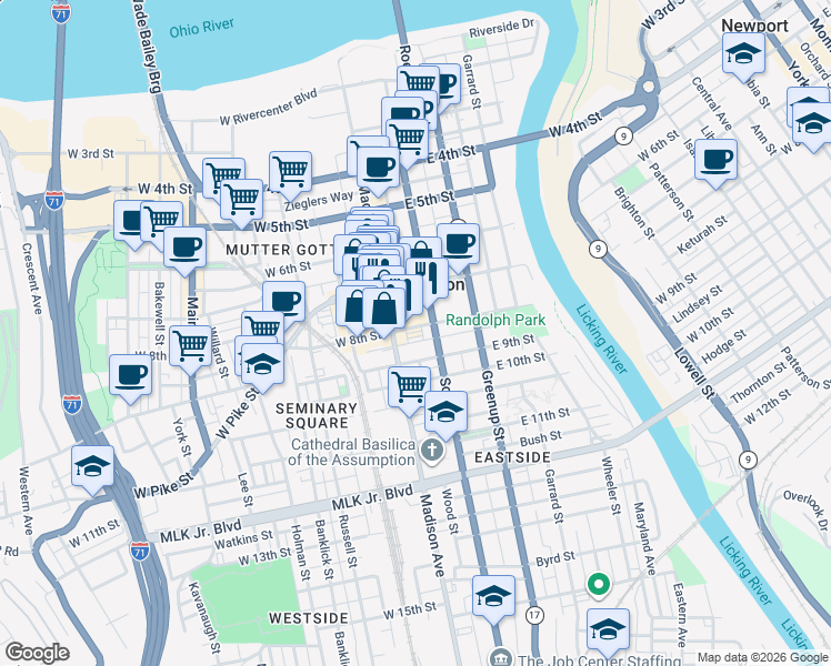 map of restaurants, bars, coffee shops, grocery stores, and more near 111 East 8th Street in Covington