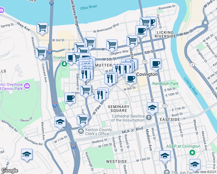 map of restaurants, bars, coffee shops, grocery stores, and more near 717 Craig Street in Covington