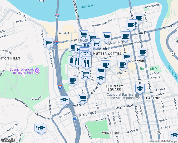 map of restaurants, bars, coffee shops, grocery stores, and more near in Covington
