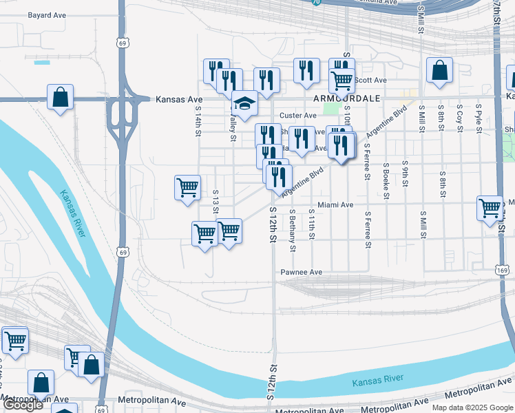 map of restaurants, bars, coffee shops, grocery stores, and more near 1231 Pennsylvania Avenue in Kansas City