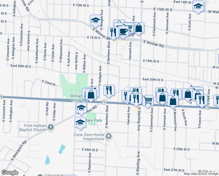 map of restaurants, bars, coffee shops, grocery stores, and more near 2033 South Northern Boulevard in Independence