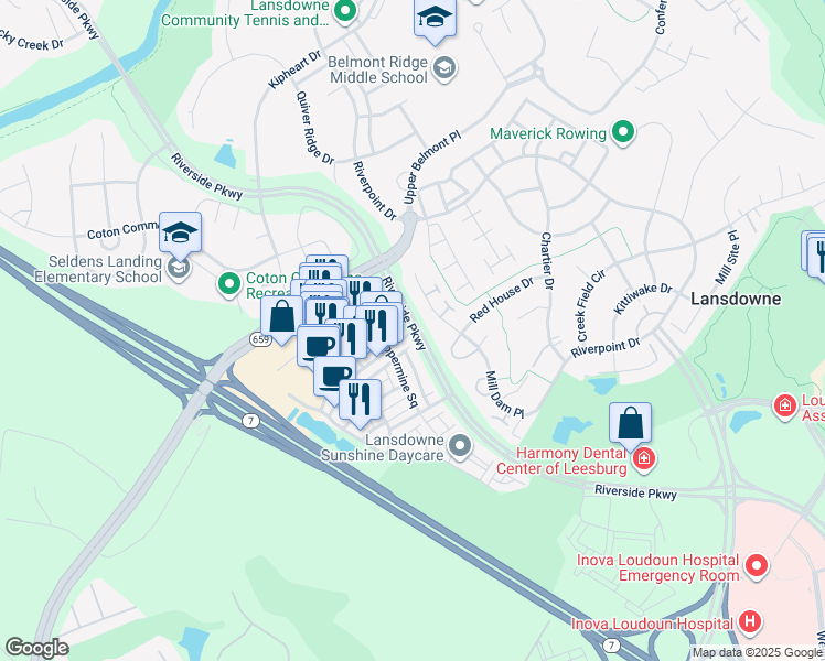 map of restaurants, bars, coffee shops, grocery stores, and more near 19138 Diamond Lake Drive in Leesburg