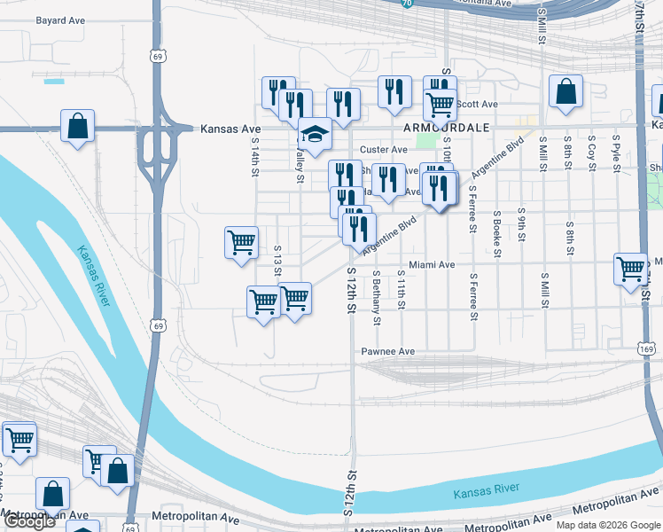 map of restaurants, bars, coffee shops, grocery stores, and more near 1231 Pennsylvania Avenue in Kansas City