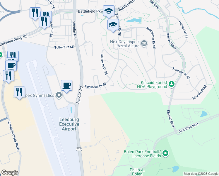 map of restaurants, bars, coffee shops, grocery stores, and more near 807 Hallyard Court Southeast in Leesburg