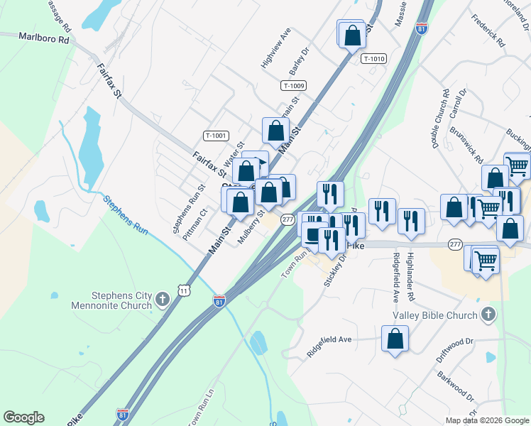 map of restaurants, bars, coffee shops, grocery stores, and more near 5416 Mulberry Street in Stephens City