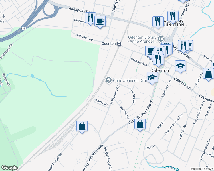 map of restaurants, bars, coffee shops, grocery stores, and more near 504 Burletta Court in Odenton