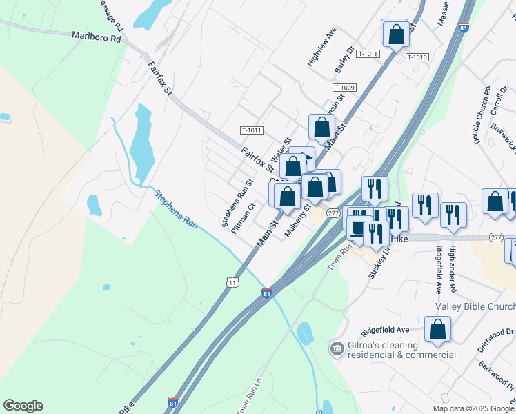 map of restaurants, bars, coffee shops, grocery stores, and more near 156 Pittman Court in Stephens City
