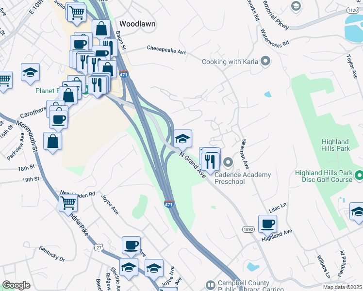 map of restaurants, bars, coffee shops, grocery stores, and more near 1359 North Grand Avenue in Fort Thomas