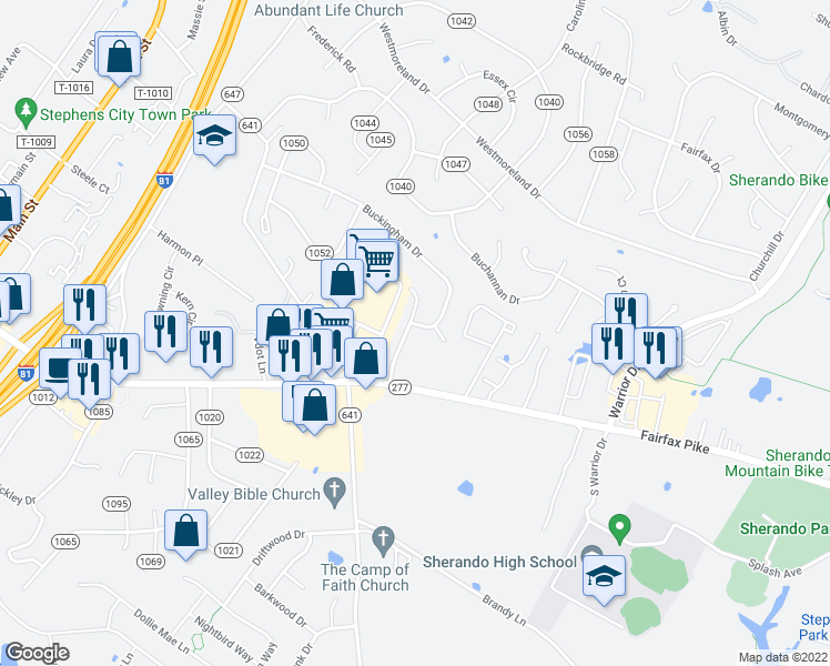 map of restaurants, bars, coffee shops, grocery stores, and more near 144 Nottoway Drive in Stephens City