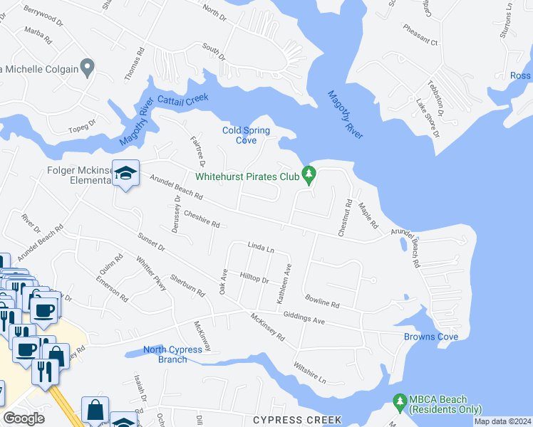 map of restaurants, bars, coffee shops, grocery stores, and more near 276 Arundel Beach Road in Severna Park