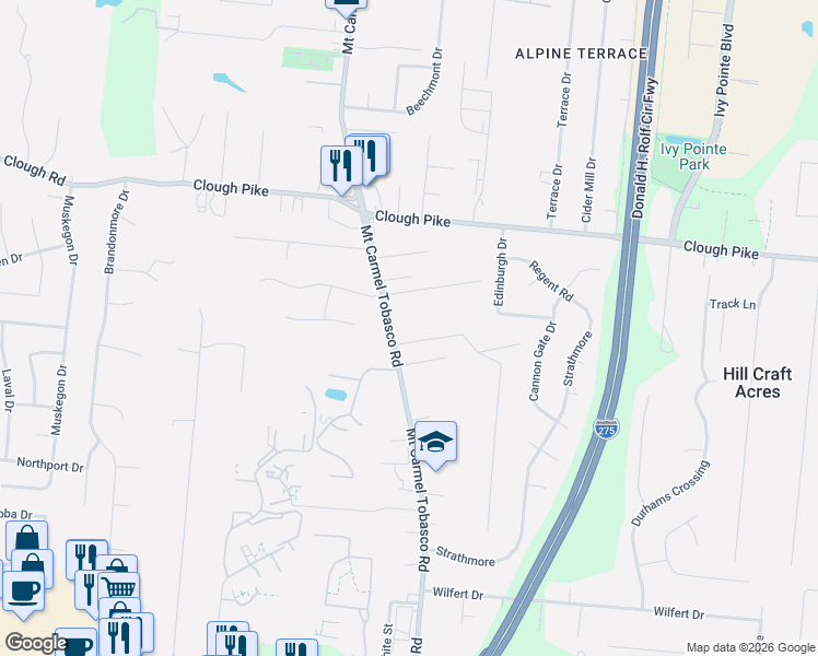 map of restaurants, bars, coffee shops, grocery stores, and more near 572 Terrace View Drive in Cincinnati