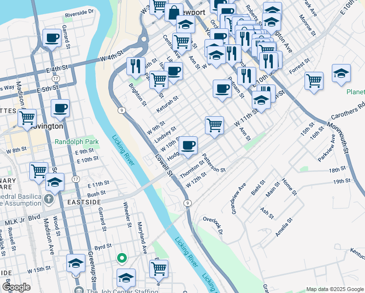 map of restaurants, bars, coffee shops, grocery stores, and more near 427 Hodge Street in Newport