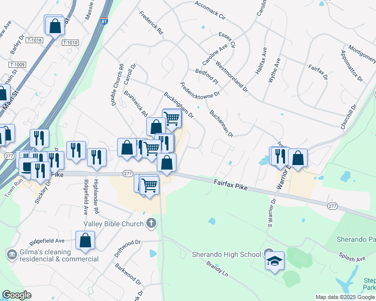 map of restaurants, bars, coffee shops, grocery stores, and more near 146 Nottoway Dr in Stephens City