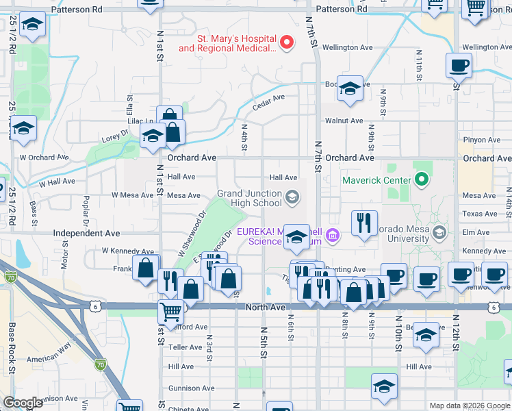 map of restaurants, bars, coffee shops, grocery stores, and more near 455 Mesa Court in Grand Junction