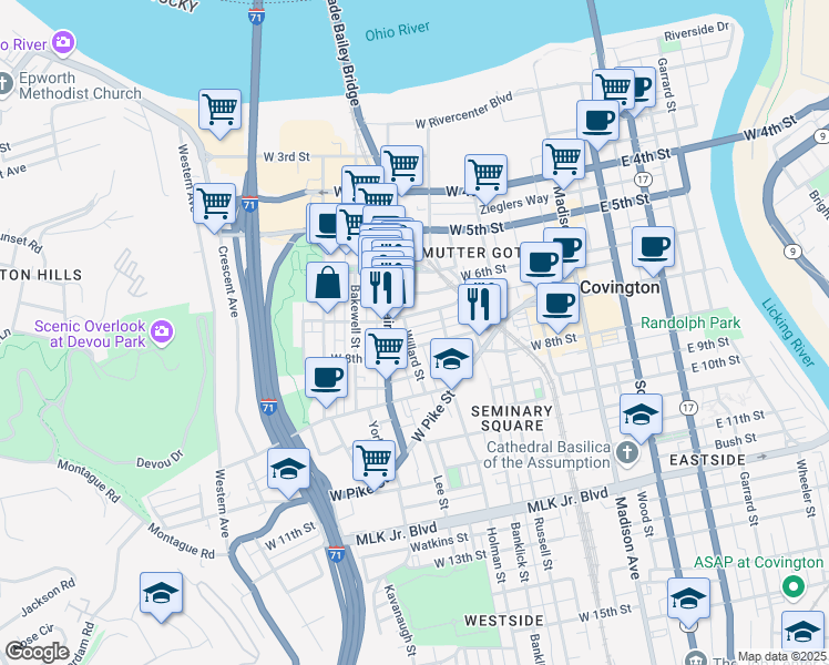 map of restaurants, bars, coffee shops, grocery stores, and more near 716A Willard Street in Covington