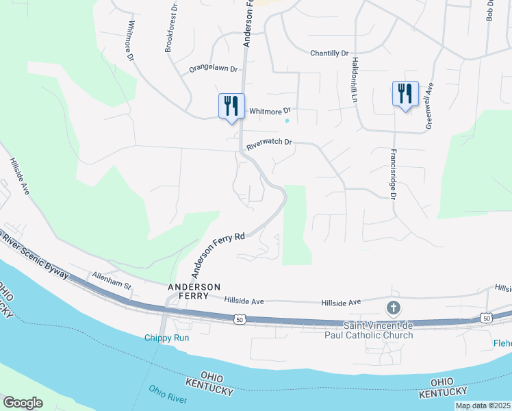 map of restaurants, bars, coffee shops, grocery stores, and more near 167 Anderson Ferry Road in Cincinnati