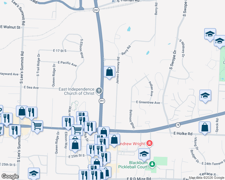 map of restaurants, bars, coffee shops, grocery stores, and more near 2012 James Downey Road in Independence