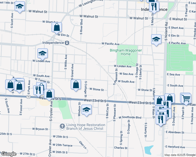map of restaurants, bars, coffee shops, grocery stores, and more near 712 West South Avenue in Independence