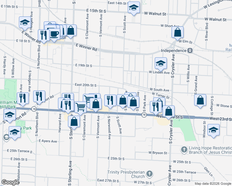 map of restaurants, bars, coffee shops, grocery stores, and more near 2102 South Scott Avenue in Independence