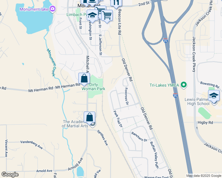 map of restaurants, bars, coffee shops, grocery stores, and more near 17220 Park Trail Drive in Monument