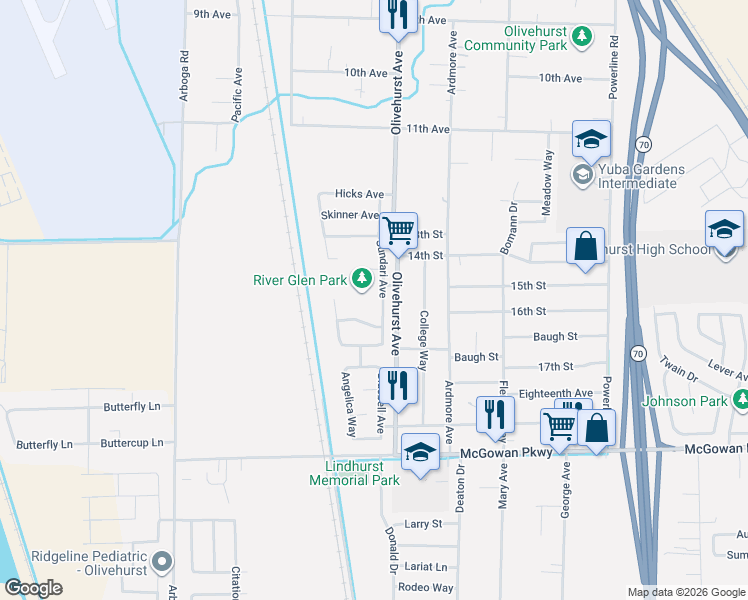 map of restaurants, bars, coffee shops, grocery stores, and more near 4435 Sundari Avenue in Olivehurst
