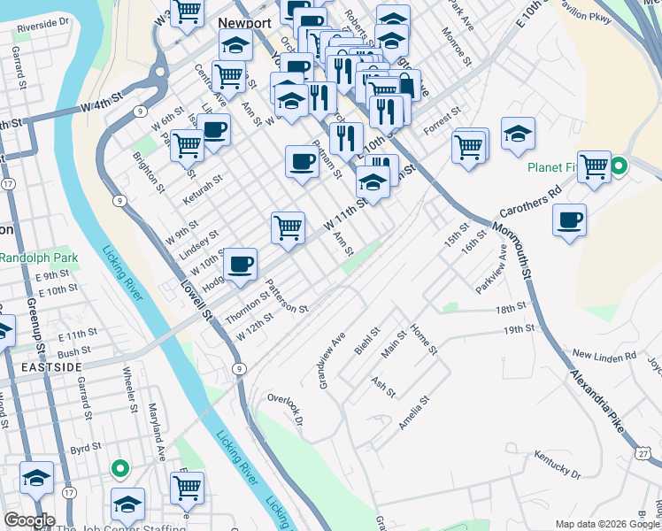 map of restaurants, bars, coffee shops, grocery stores, and more near 1134 Central Avenue in Newport