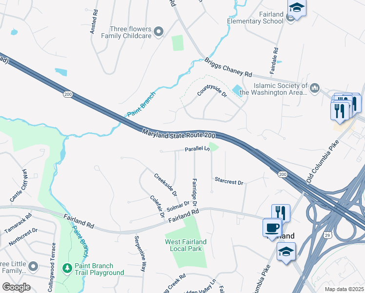 map of restaurants, bars, coffee shops, grocery stores, and more near 2316 Parallel Lane in Silver Spring