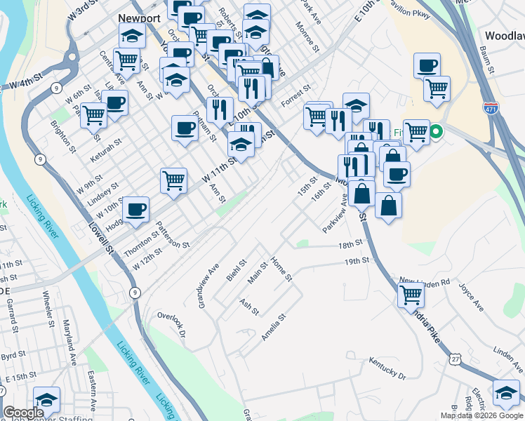 map of restaurants, bars, coffee shops, grocery stores, and more near 117 15th Street in Newport