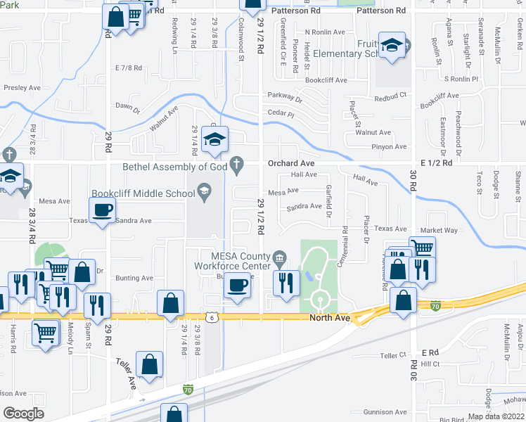 map of restaurants, bars, coffee shops, grocery stores, and more near 538 29 1/2 Road in Grand Junction