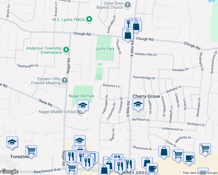 map of restaurants, bars, coffee shops, grocery stores, and more near 1690 Yellowglen Drive in Cincinnati