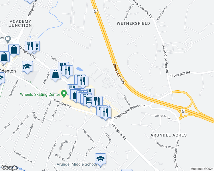 map of restaurants, bars, coffee shops, grocery stores, and more near 600 Resty Lane in Odenton
