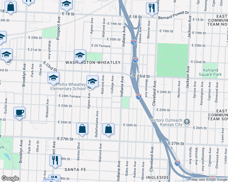 map of restaurants, bars, coffee shops, grocery stores, and more near 2406 Indiana Avenue in Kansas City