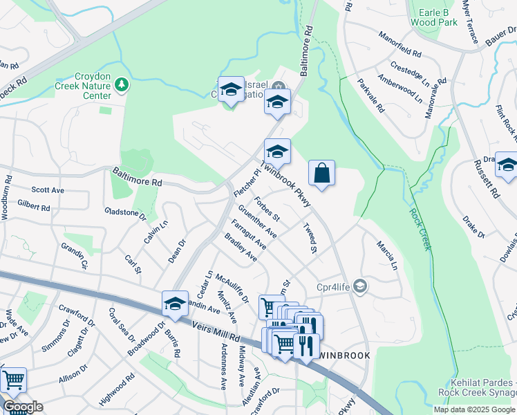 map of restaurants, bars, coffee shops, grocery stores, and more near 1607 Forbes Street in Rockville