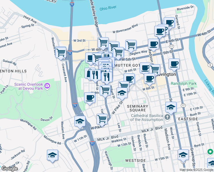 map of restaurants, bars, coffee shops, grocery stores, and more near 712 Main Street in Covington