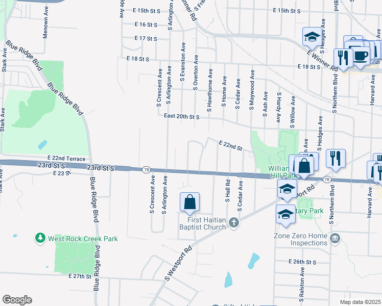 map of restaurants, bars, coffee shops, grocery stores, and more near 2215 South Overton Avenue in Independence