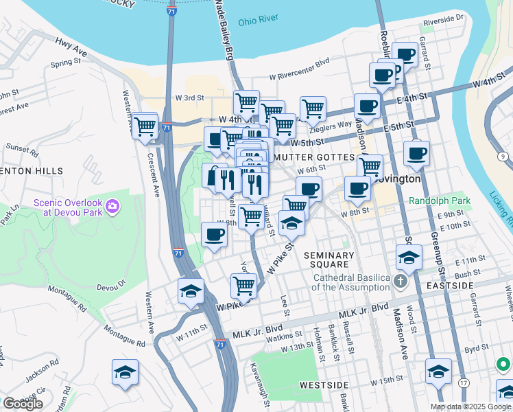 map of restaurants, bars, coffee shops, grocery stores, and more near 706 Main Street in Covington