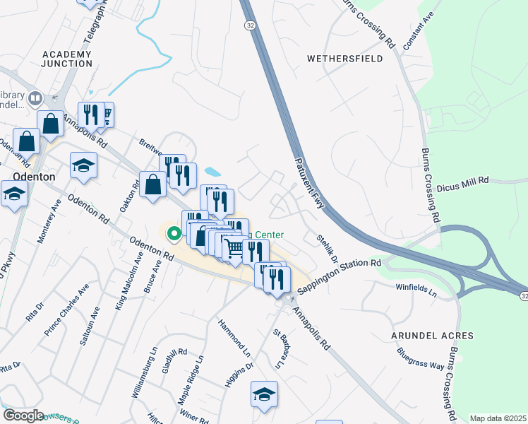 map of restaurants, bars, coffee shops, grocery stores, and more near 600 Rolling Hill Walk in Odenton