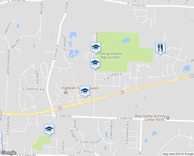 map of restaurants, bars, coffee shops, grocery stores, and more near 18402 East 19 Terrace South in Independence