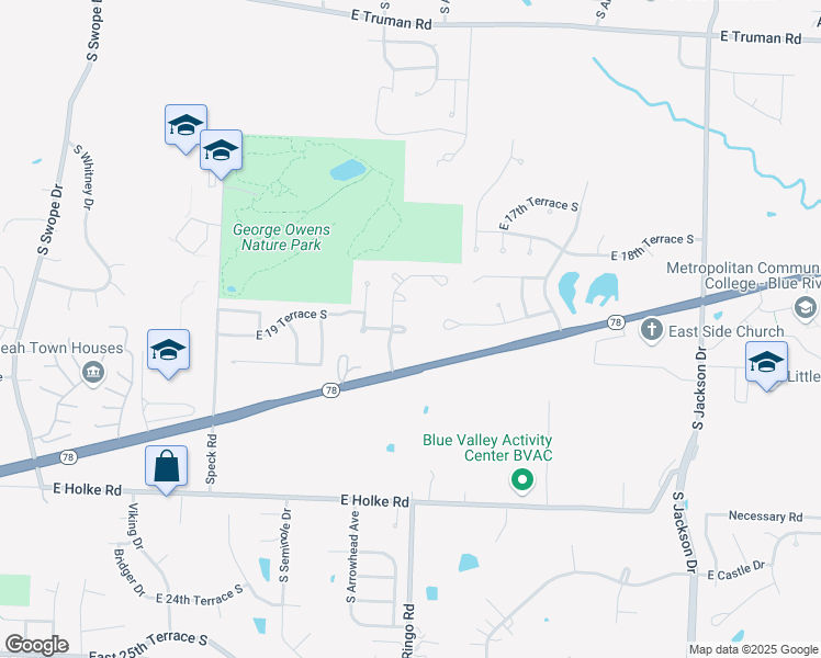 map of restaurants, bars, coffee shops, grocery stores, and more near 1967 South Powahatan Court in Independence