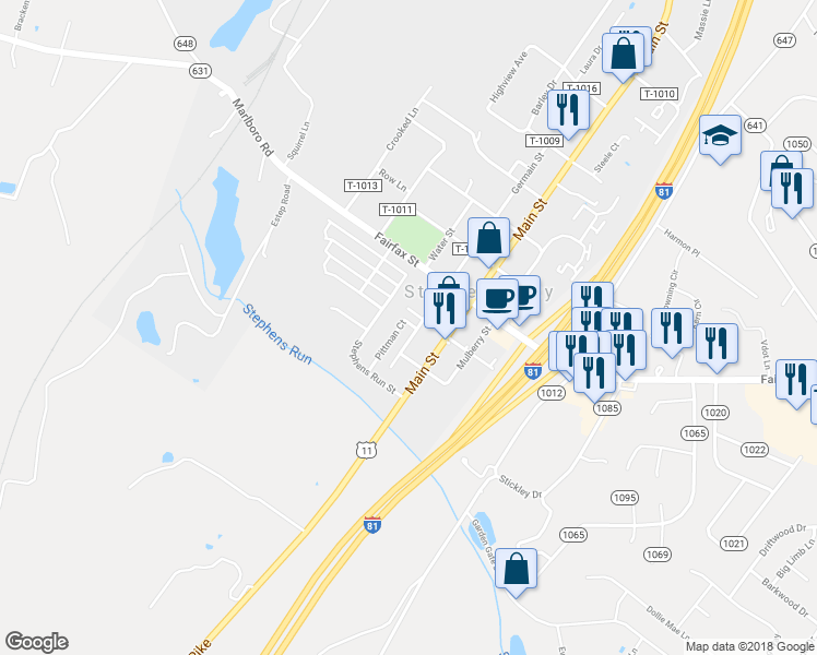 map of restaurants, bars, coffee shops, grocery stores, and more near 160 Pittman Court in Stephens City