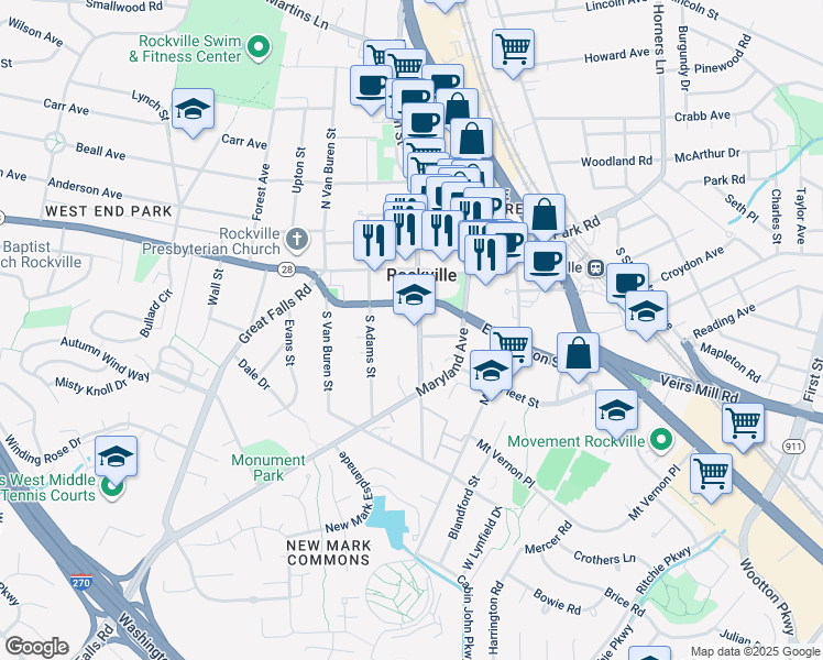 map of restaurants, bars, coffee shops, grocery stores, and more near 109 South Washington Street in Rockville