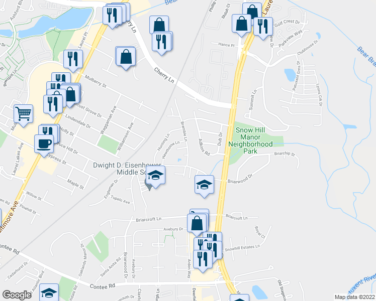 map of restaurants, bars, coffee shops, grocery stores, and more near 14005 Bramble Lane in Laurel