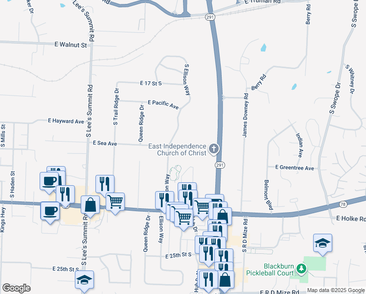 map of restaurants, bars, coffee shops, grocery stores, and more near 1911 South Ellison Way in Independence